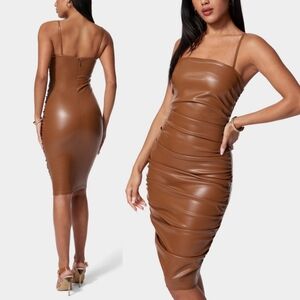NWT Brown Ruched Bodycon Midi Vegan Faux Leather Dress‎ Size XL